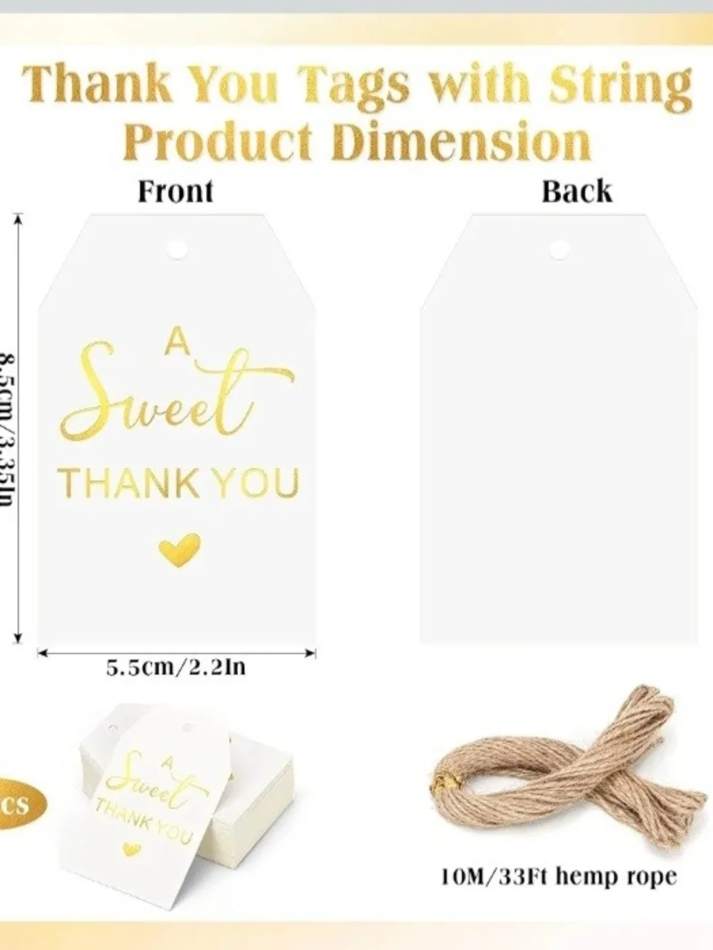 50pc White Gold Thank You Gift Tags w/ String Wedding Party Favor Tags